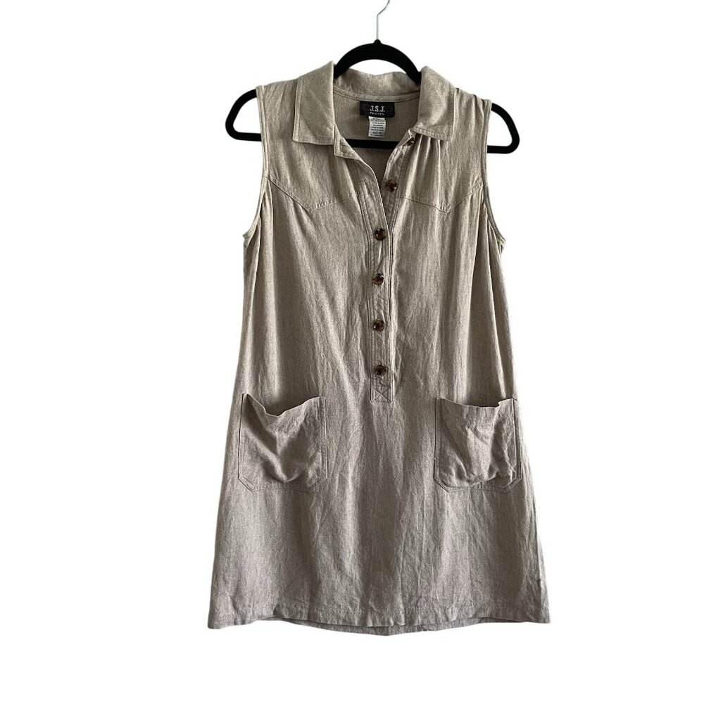 J.S.J. Vintage Petite Women SZ 8P Beige Sleeveless 1/2 Button Linen Blend Dress